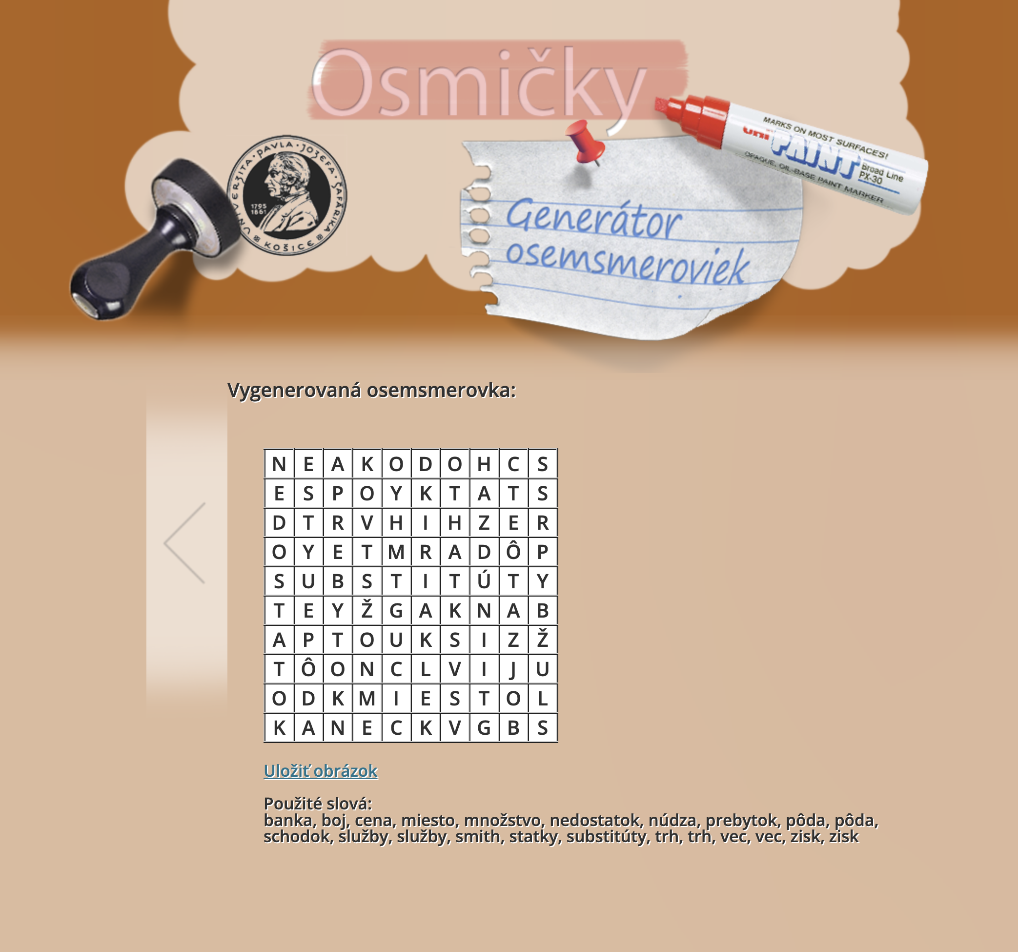 Osmičky showing a generated Slovak word-search grid with its word list